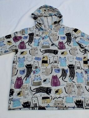 Womens Multicolor Cat Print Drawstring Hoodie Pouch Pocket Lightweight Size M
